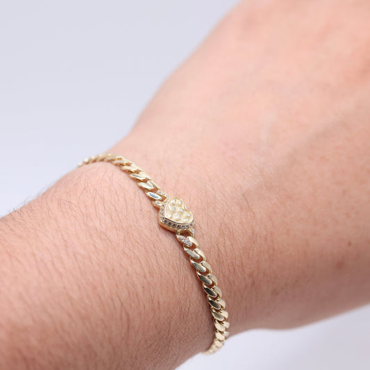 14KT GOLD NUGGET HEART WITH C OUTLINE CUBAN LINK 4.5MM BRACELET SEMISOLID - SZ 7