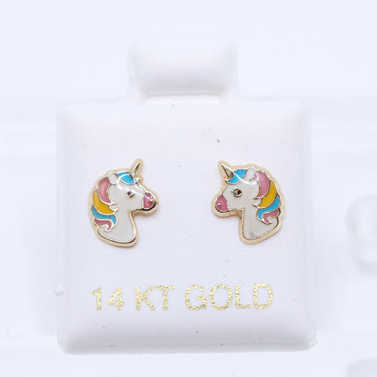 14KT GOLD UNICORN COLORFUL EARRINGS SCREW ON