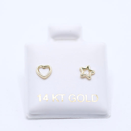 14KT GOLD HEART & STAR OUTLINE EARRINGS SCREW ON