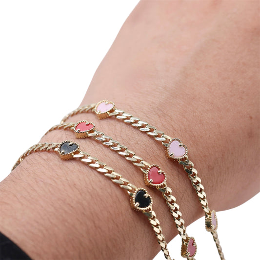 14KT GOLD 5 HEART 4MM MIAMI CUBAN LINK BRACELET SEMISOLID