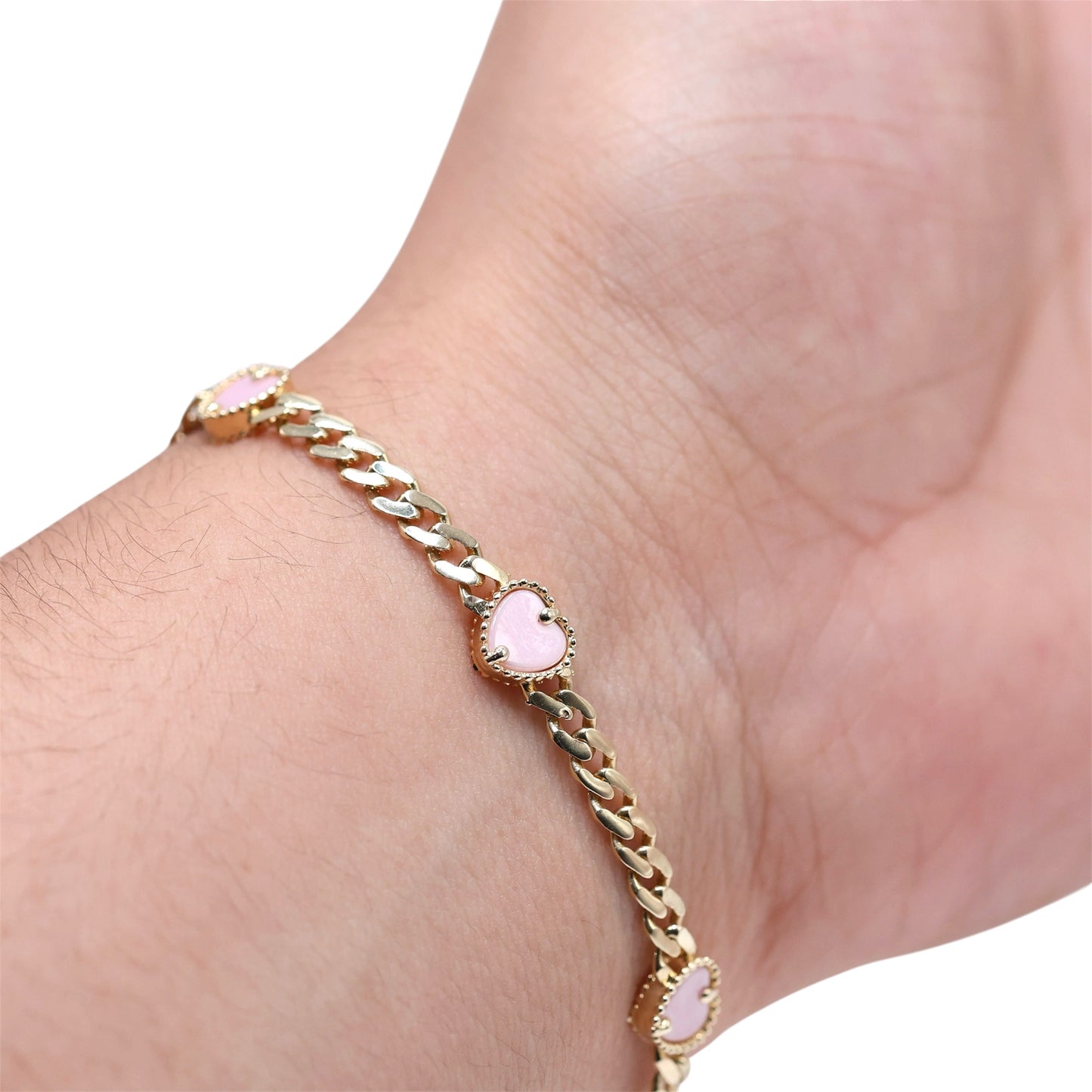 14KT GOLD 5 HEART 4MM MIAMI CUBAN LINK BRACELET SEMISOLID