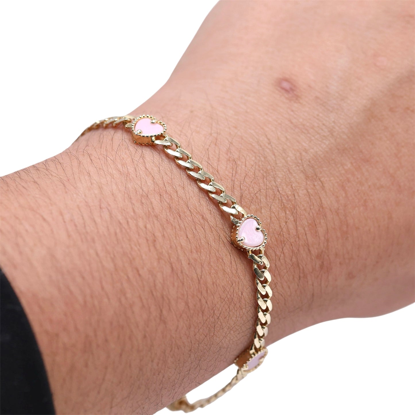 14KT GOLD 5 HEART 4MM MIAMI CUBAN LINK BRACELET SEMISOLID