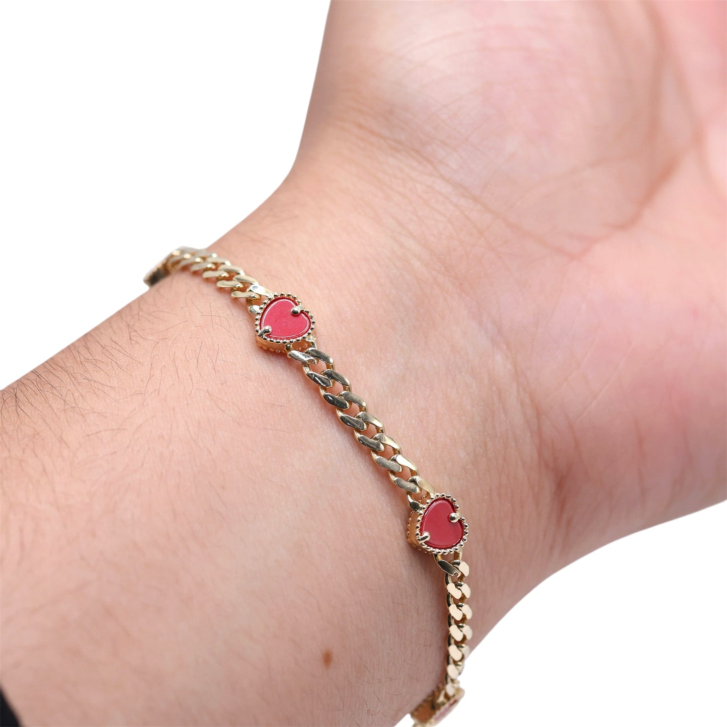 14KT GOLD 5 HEART 4MM MIAMI CUBAN LINK BRACELET SEMISOLID