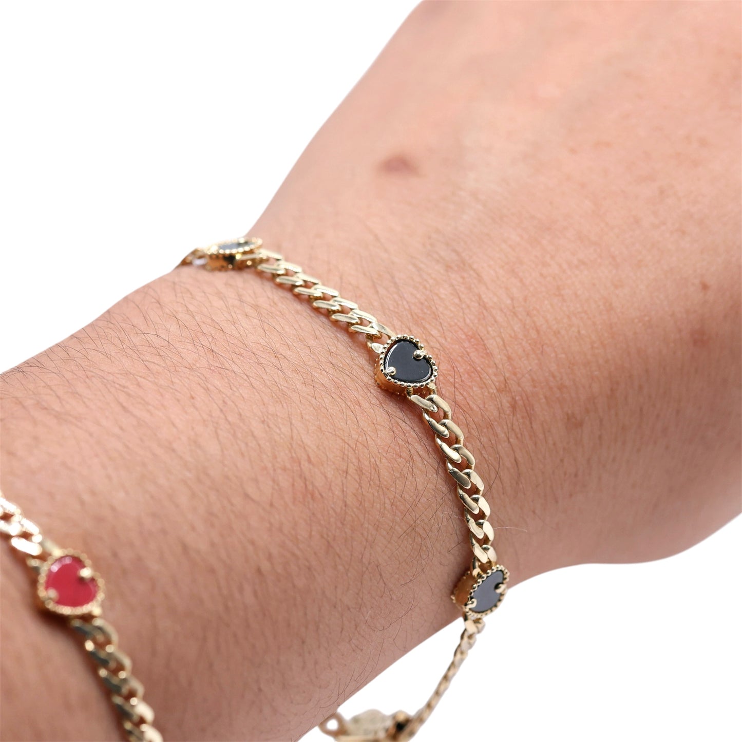 14KT GOLD 5 HEART 4MM MIAMI CUBAN LINK BRACELET SEMISOLID