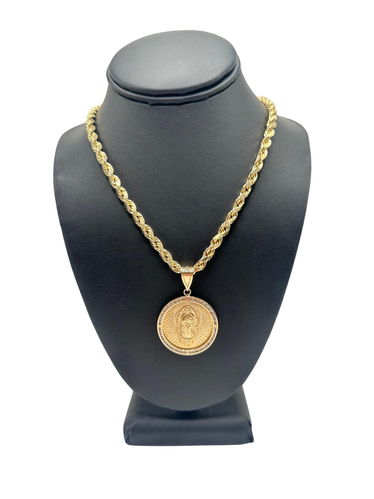 14K GOLD SET (VIRGEN DE GUADALUPE PENDANT + HOLLOW ROPE  CHAIN)