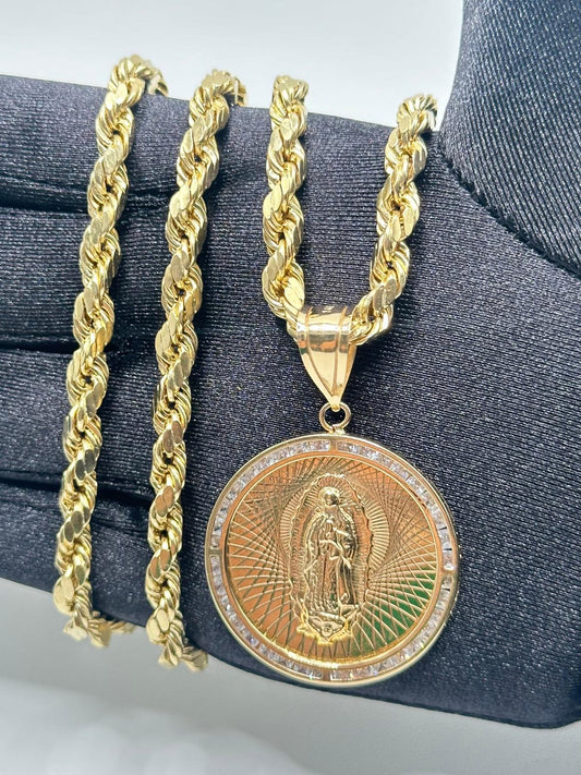 14K GOLD SET (VIRGEN DE GUADALUPE PENDANT + HOLLOW ROPE  CHAIN)