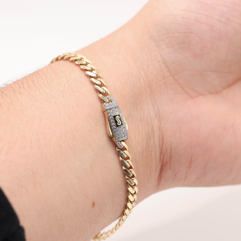 14KT GOLD 5MM MONACO CHAIN CLASSIC BRACELET CERTIFIED - PAVE LOCK