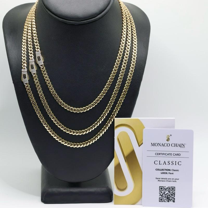 14KT GOLD 5MM MONACO CHAIN CLASSIC NECKLACE CERTIFIED - PAVE LOCK