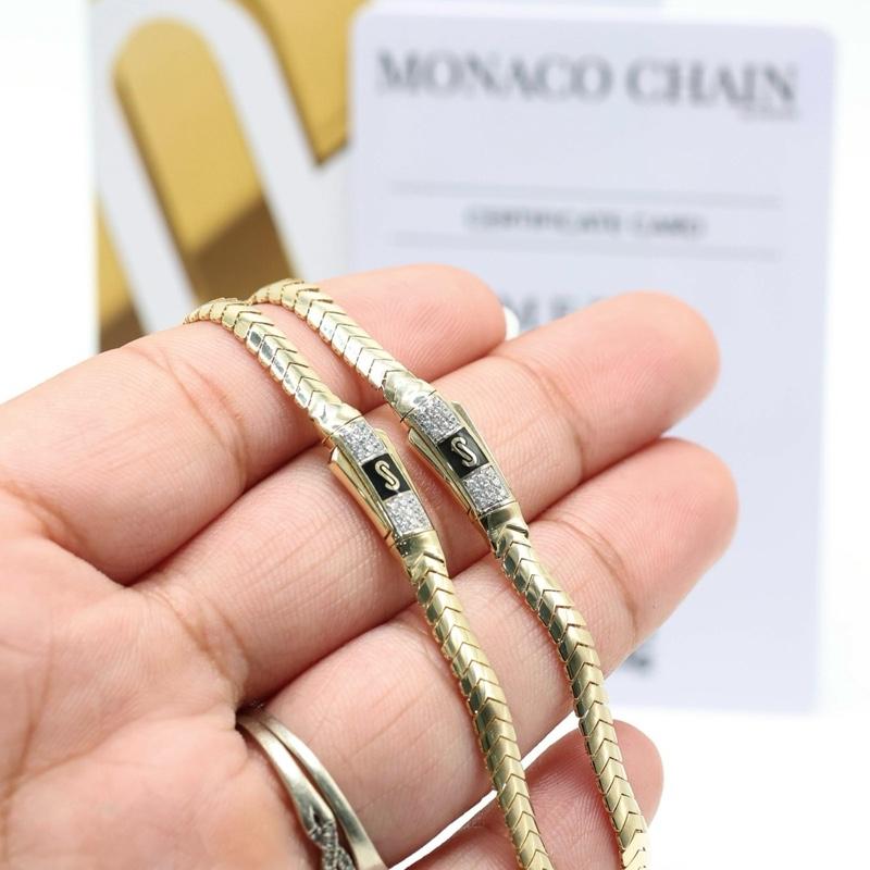 14KT GOLD MONAACO CHAIN MERM NECKLACE CERTIFIED - 4MM PAVE LOCK