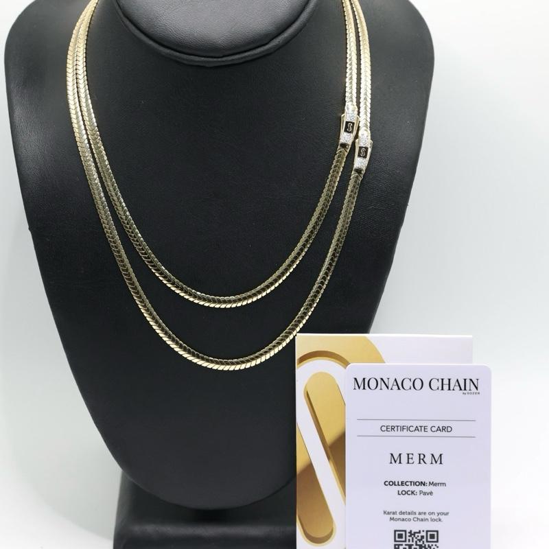 14KT GOLD MONAACO CHAIN MERM NECKLACE CERTIFIED - 4MM PAVE LOCK